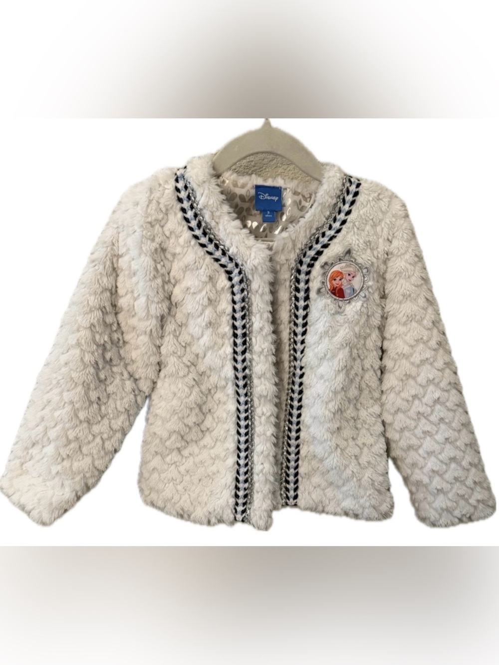 Girls 3T Disney White Faux Fur Puff Jacket with Frozen Patch Anna & Elsa